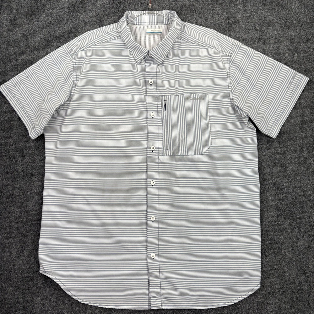 Columbia Mens XL Blue White Striped PFG Short Sleeve Fishing Shirt Button Down